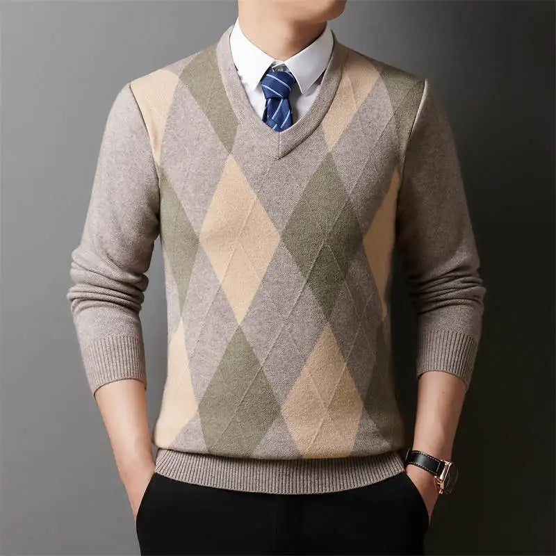 Winter Warm New Men's Plaid V-neck Long